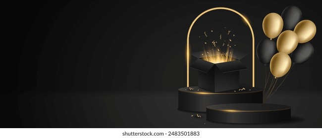 Lujoso podio 3d con caja de regalo abierta con rayos dorados. Globos festivos voladores negros y dorados. Pedestal con arco dorado brillante para la venta de cumpleaños o viernes negro. Escena de Festiva. Ilustración vectorial