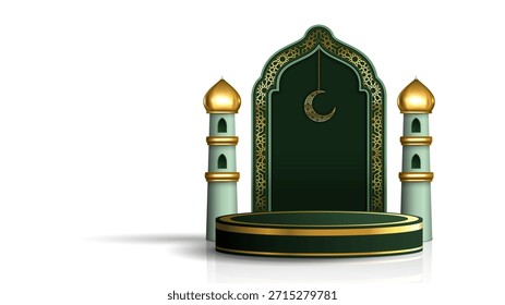 Estágio luxuoso do pódio do Ramadã 3D com minaretes, crescente e arco islâmico arabesco sobre um fundo branco