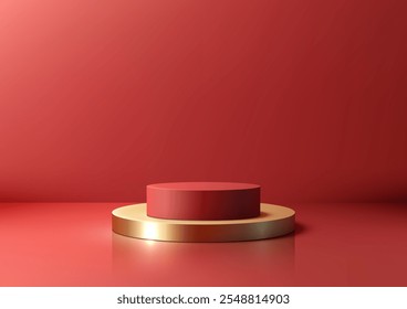 Um luxuoso cilindro vermelho 3D repousa sobre uma base dourada com um pano de fundo vermelho vibrante. Expositores de produtos, maquetes modernos e vitrines de showroom elegantes