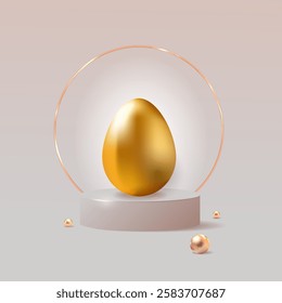 Luxurious 3D rendered golden egg displayed on a modern pedestal with soft lighting. Ideal for luxury branding, financial concepts, Easter themes, investment visuals, promo,product presentation. Vector