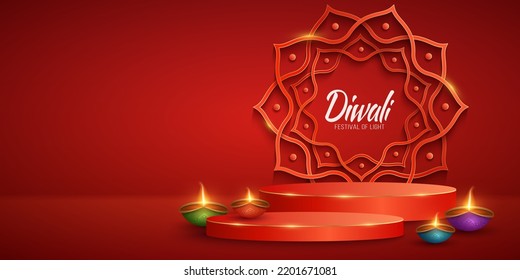 Luxurious 3d scene with colorful Diya lamps for Diwali festival of light. Podium for display your brands. Paper cut style Indian mandala on the background. Vector illustration for holiday. EPS 10