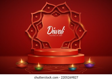 Luxurious 3D scene with traditional Diya lamps for Diwali festival of light. Podium for display your brands. Festive mockup design. Paper cut style Indian frame on the background. Vector. EPS 10