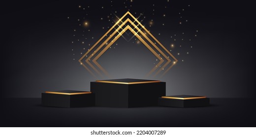 Luxurious 3d studio space with black and gold square pedestal podium with sparkles and light effect