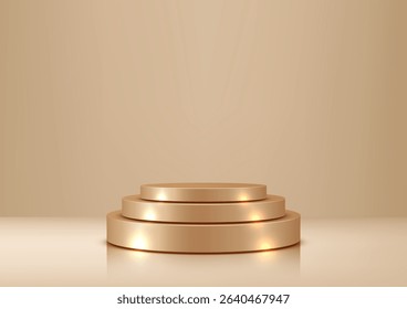 Luxurious 3D three tiered circular stand gold podium, showcasing your premium products or celebrating achievements. product displays, awards ceremonies, and high end marketing visuals