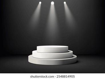 Luxurious 3D three tiered white podium illuminated by bright spotlights on a dark background. Elegant product displays, premium mockups, and modern presentation concepts