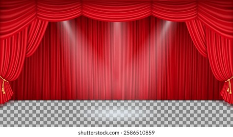 A luxurious 3D vector illustration of a theater stage with a rich red draped curtain and soft ambient lighting, emphasizing drama and performance.