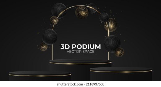 Luxurious 3d vector podium and abstract geometric shapes with wavy pattern. Elegant gold and black pedestal. Scene for fashion design presentation. Vector illustration. EPS 10