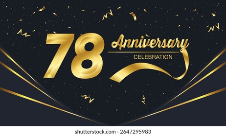 A luxurious "77 Anniversary Celebration" design with golden numbers, elegant typography, swirling ribbons, and falling confetti on a dark background, perfect for formal events.