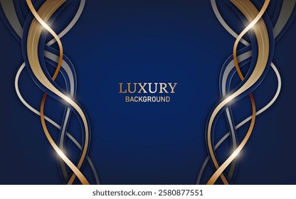 Luxurious abstract background with an elegant deep blue gradient overlapping gold, bronze, and silver curved ribbons. Vector illustration