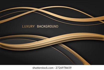 Lujoso fondo abstracto con elegantes cintas de oro que fluyen en capas sobre un fondo negro profundo.