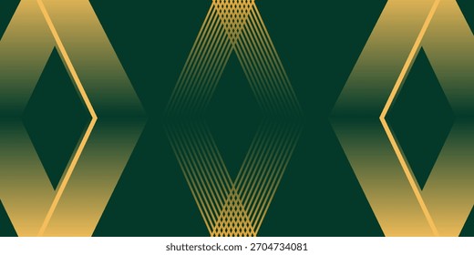 A luxurious abstract background featuring symmetrical golden geometric shapes and intricate lines with a gradient effect on a dark green canvas.