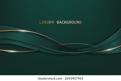 Luxurious abstract background with a  green dynamic, wave ribbon and  gold lines elements