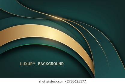 Fundo abstrato luxuoso em verde com curvas metálicas de ouro fluidas suaves.