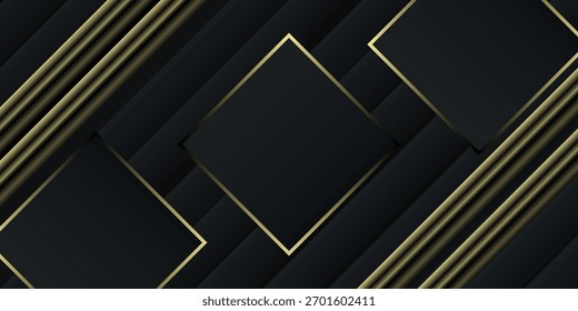 Um plano de fundo abstrato luxuoso com camadas de formas geométricas preto e cinza escuro. Linhas de ouro elegantes e listras acentuam a composição diagonal, criando um design moderno e sofisticado.