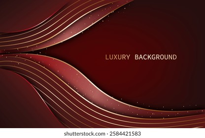 Luxurious abstract background with wavy dark red and elegant golden accents.  Vector illustration