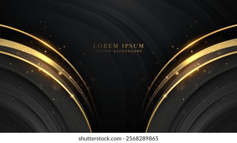 Luxurious abstract black and gold background with shimmering golden curves, glowing particles, and subtle lighting effects. Vector illustration