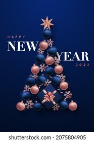 Luxurious abstract Christmas tree in the form of New Year decorations. Realistic rose gold and blue 3d baubles, snowflakes, star and gift box. Template for vertical banner, website advertising.