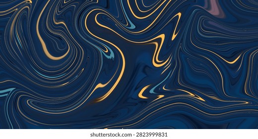 Luxurious abstract dark blue and gold marbled swirl background with dynamic liquid art textures and elegant waves.