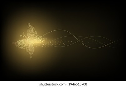 Luxurious abstract design. Dark background and flying butterfly.