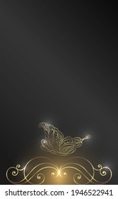 Luxurious abstract design of a glowing ornament and a flying butterfly on a dark background.