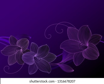 Lujoso patrón floral abstracto con hojas tropicales y flores de lirio en color púrpura.