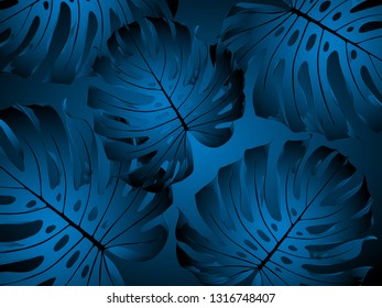 Luxurious abstract floral pattern with tropical monstera leaves in blue color.