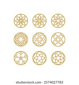 Luxurious Abstract Gold Circle Mandalas. Abstract geometric shapes, futuristic wavy fractals of stars and circles. Different decorative elements, Signs or Symbols.