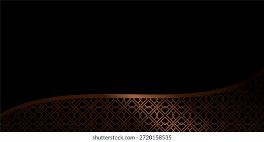 Luxuoso padrão geométrico dourado abstrato com uma linha curva elegante em um fundo escuro rico, perfeito para festivos ou projetos corporativos.