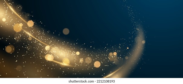 Luxurious abstract golden light effect vector illustration with glittering stars on black background.