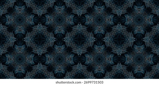 Luxuoso Ornamento abstrato fundo sem emenda. Impressão sem emenda do damasco geométrico de prata e azul escuro. Têxtil Geométrico Ornamental Azul Escuro Repete. Design de papel de parede de telha de renda