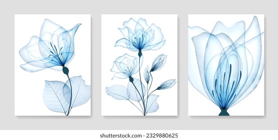 Luxurious abstract set and blue transparent flowers roses in watercolor style  Hand drawn botanical floral set for poster design  print  decor  interior design  wallpaper 