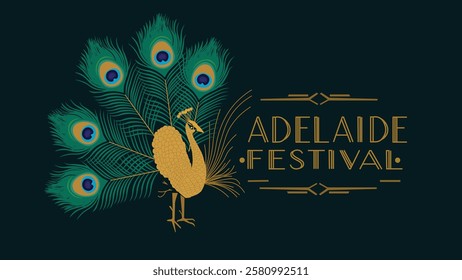 A luxurious Adelaide Festival logo featuring a golden peacock with vibrant feather details, symbolizing creativity, elegance, and the artistic culture of the festival