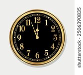 Luxurious analog clock vector with classic arabic numerals, showing five minutes to midnight on a sleek black dial, shiny gold vintage wall clock