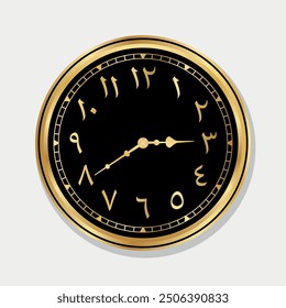 Luxurious analog clock vector with classic arabic numbers, numerals. Elegant, shiny gold vintage wall clock illustration