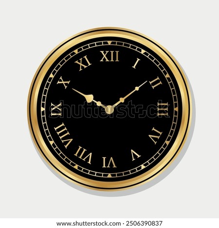 Luxurious Analog Clock vector with classic Roman numbers and numerals. Elegant, shiny gold vintage wall clock illustration
