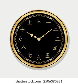 Luxurious Analog Clock vector with traditional Chinese numbers numerals. Elegant, shiny gold vintage wall clock illustration