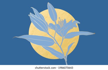 Luxurious art deco golden lily flower linear drawing and gold foil circle moon on blue. Wallpaper design for print, poster, cover, banner, fabric, invitation, postcard, packaging. Digital vector art.
