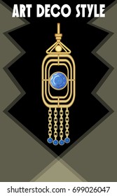 Luxurious art deco jewel, earring with blue gems sapphire , victorian old-fashioned style, antique gold, vector EPS 10