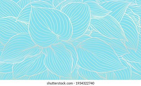 Luxurious art deco light silver leaves hand drawn line art on turquoise background. Wallpaper design for print, poster, cover, banner, fabric, invitation. Digital vector illustration.