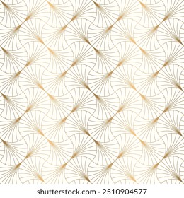 Lujoso patrón sin fisuras en forma de abanico superpuesto art deco con línea dorada sobre fondo blanco, Vector para Fondo de pantalla, tela, azulejo, decoración y etc.