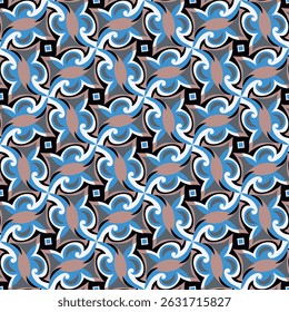 Luxurious art seamless pattern in beige and blue tones. Overlapping art forms, stripes, polygons, segments are grouped and arranged in a certain order. Vector. 