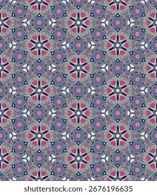 Luxuriöse Kunst nahtloses Muster mit Blumen und Herzen. Überlappende Kunstformen, Streifen, Polygone, Segmente werden gruppiert und in einer bestimmten Reihenfolge angeordnet. Vektor. 