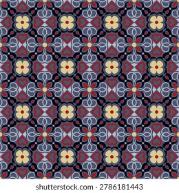 Luxurious art seamless pattern with flowers and swirls. Overlapping art forms, stripes, polygons, segments are grouped and arranged in a certain order. Vector. 