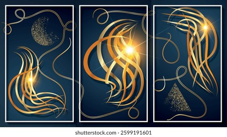 Luxurious art triptych with gold elements on a dark background. Composition of three images in white thin frames for interior decoration, blog design, corporate design and your other projects. Vector.