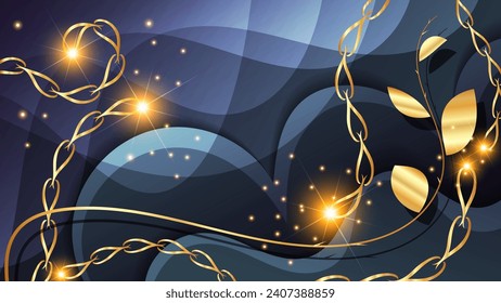 Luxurious art wallpaper in dark blue gold tones. Flowing branch with leaves and chains, flashes of energy and lights against a background of overlapping wavy shapes. Vector.