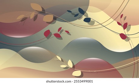 Luxurious art wallpaper in pastel tones. Smoothly curved branches with leaves on the background of overlapping wavy shapes and stripes, mixing colors. Vector.