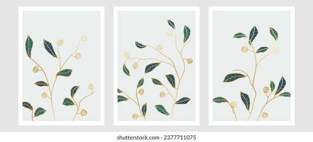 Luxurious artistic background with plants, branches and buds in gold frame. Golden botanical vector set with exotic plants for wallpaper, decor, textile, interior.	
