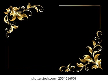 Luxurious, artistically painted, golden, asymmetrical, antique pattern of decorative curls and jewelry leaves in Baroque style, on black background.