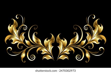 Luxurious, artistically painted, golden, symmetrical pattern of decorative curls and jewelry leaves in the Victorian style, on black background. Victorian style.