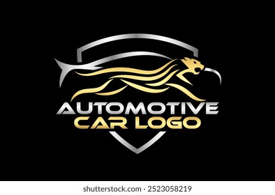 Ilustraciones automotrices lujosas del símbolo del icono del Vector del diseño del logotipo del coche de los deportes de la velocidad de Chetah. Logotipo multifuncional que se puede utilizar en muchas empresas y servicios de negocios automotrices. es un logotipo creativo y genial.